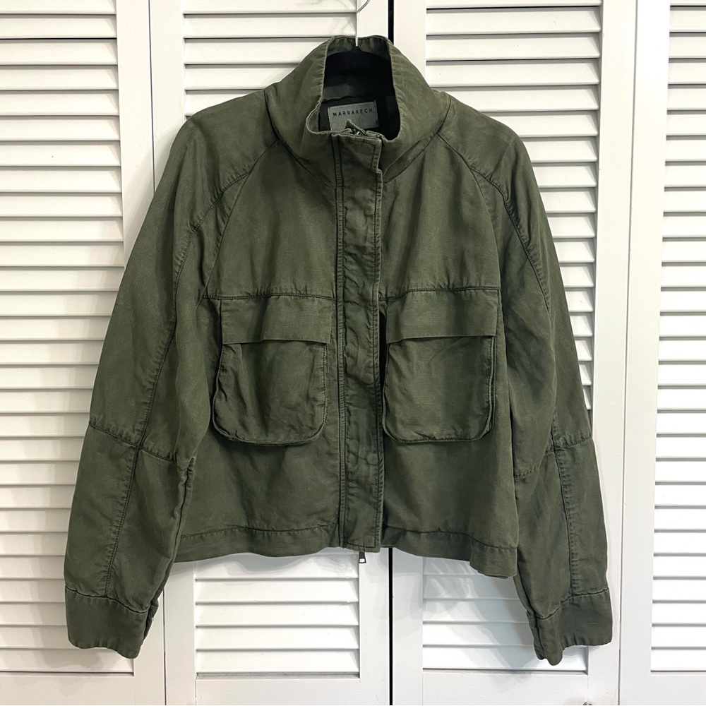 Anthropologie Marrakech Olive Green Linen Blend Bomber Moto Jacket Sz XL